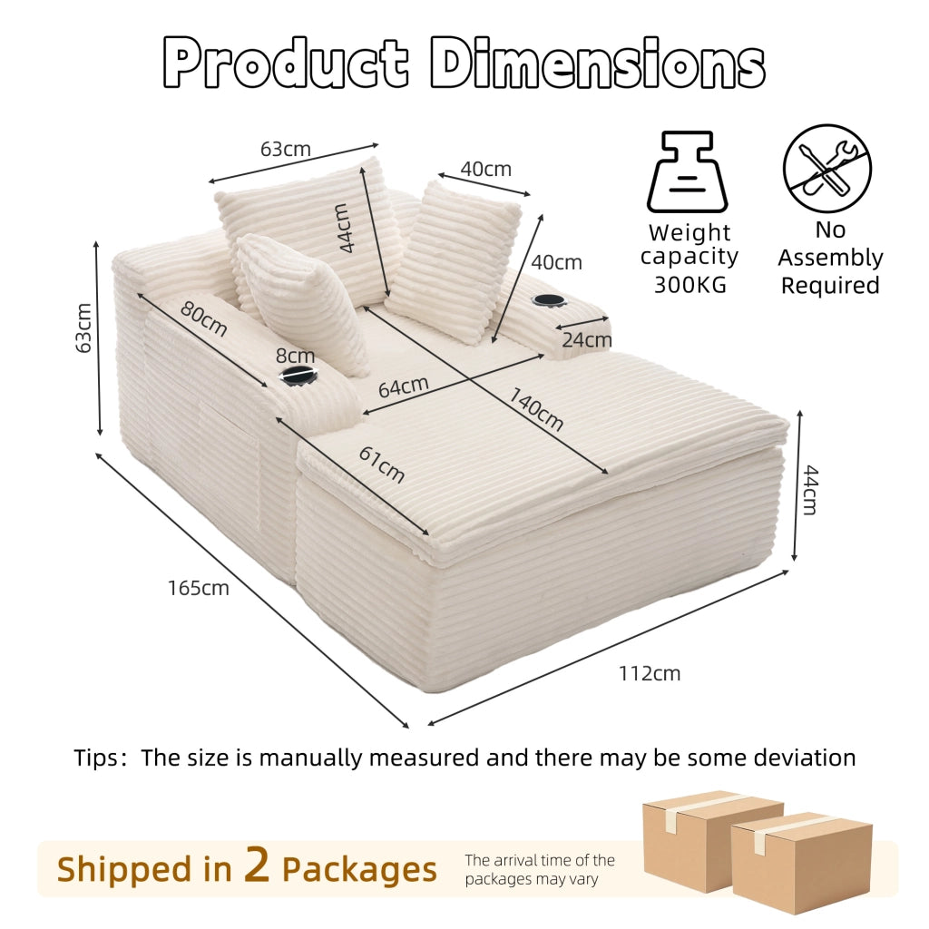 Divano Convertibile Senza Struttura con Chaise Longue, 3 Cuscini e Portabicchieri in Velluto a Coste Beige