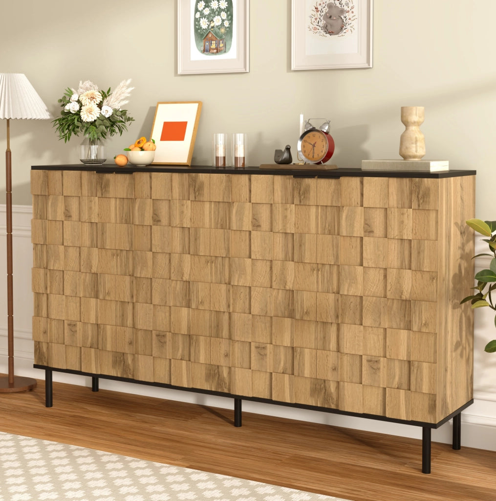 Credenza 160x35x80;5 cm a 2 ante con motivo mosaico in truciolare; naturale e nero