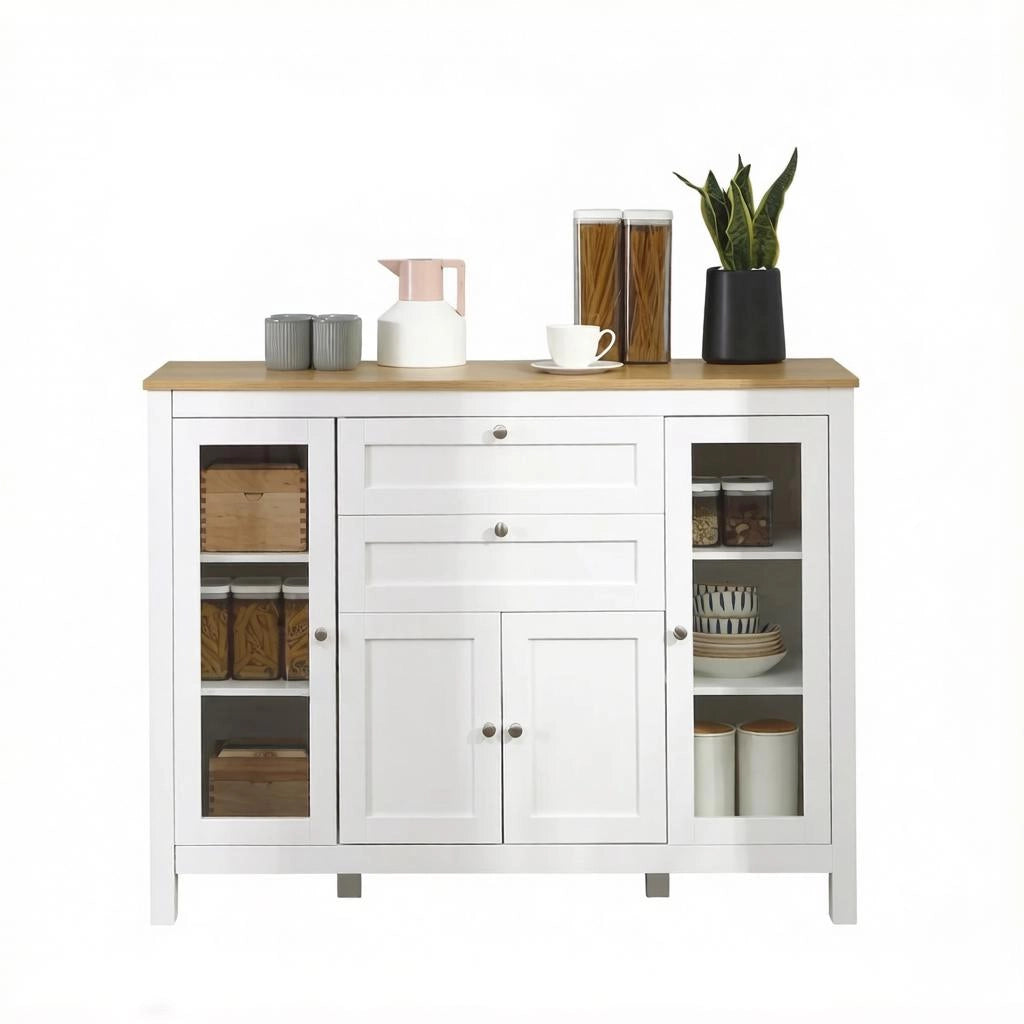 Madia con ante in vetro e 2 cassetti; ripiani regolabili; per cucina e soggiorno; in MDF; 120×40×90 cm