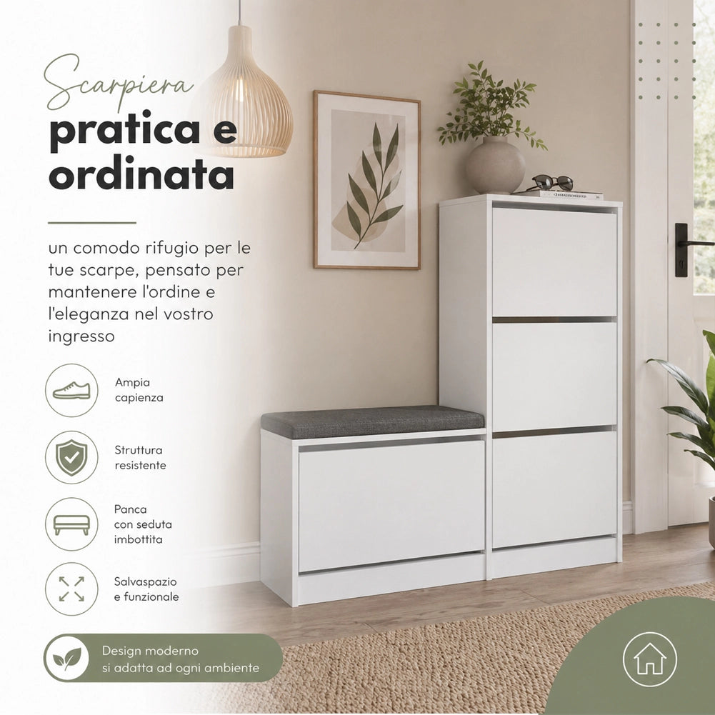 Scarpiera Salvaspazio 3 Ante Mobile Portascarpe 105x118,5 cm Multiuso Bianco