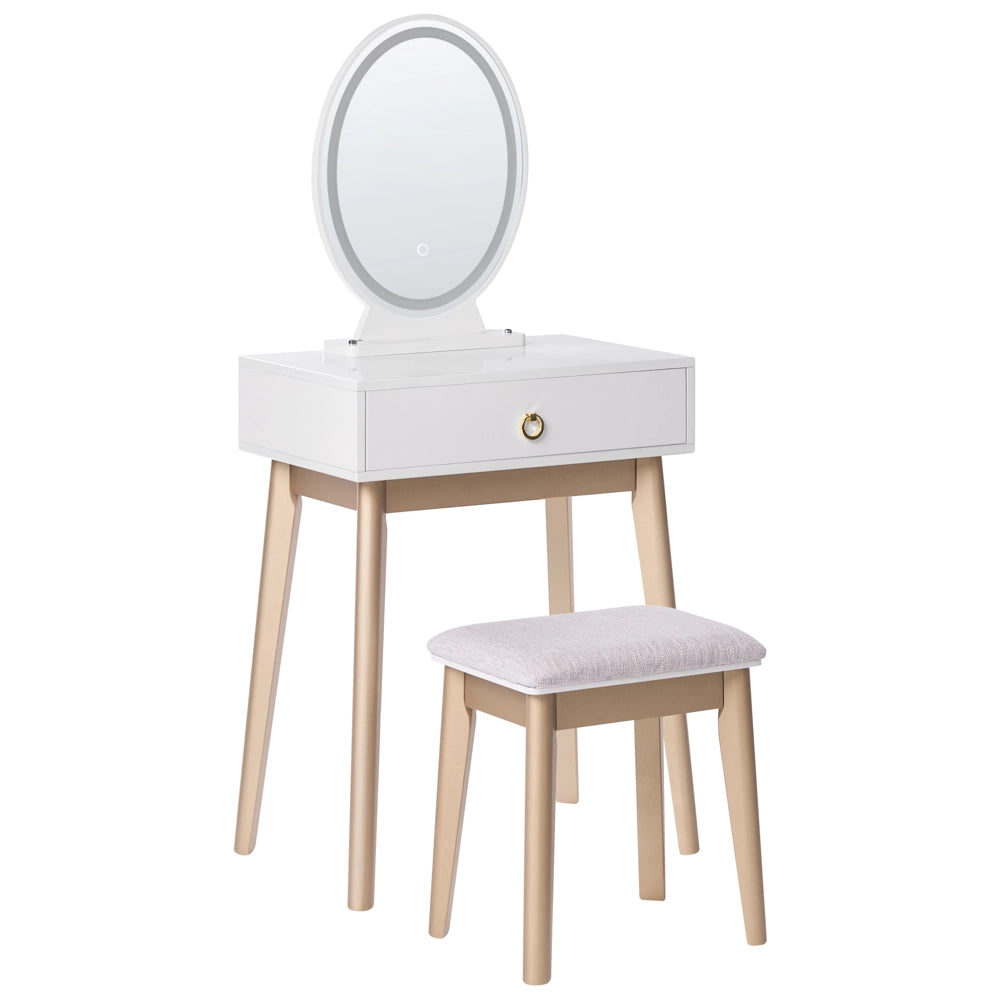Toeletta in MDF bianco e oro con cassetto specchio a LED e sgabello Mobili per soggiorno in stile glamour