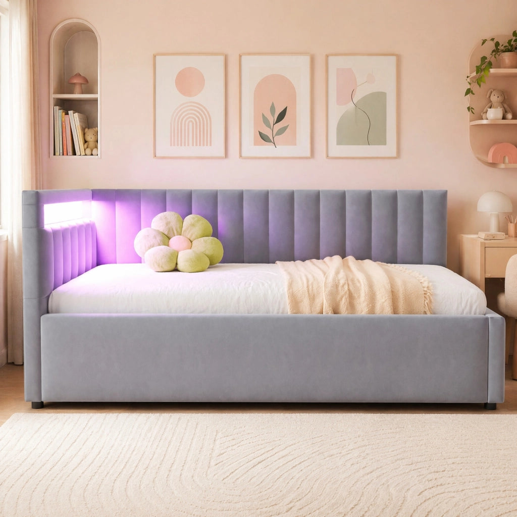Letto singolo imbottito 90 × 200 cm con LED vano contenitore idraulico velluto grigio rete a doghe
