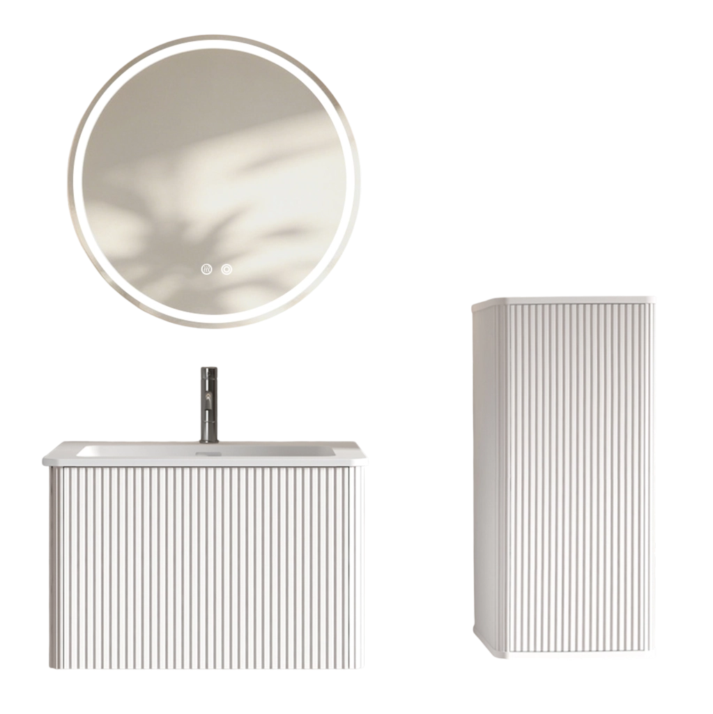 MOBILE BAGNO Set con Specchio LED, Lavabo e Colonna Bianco