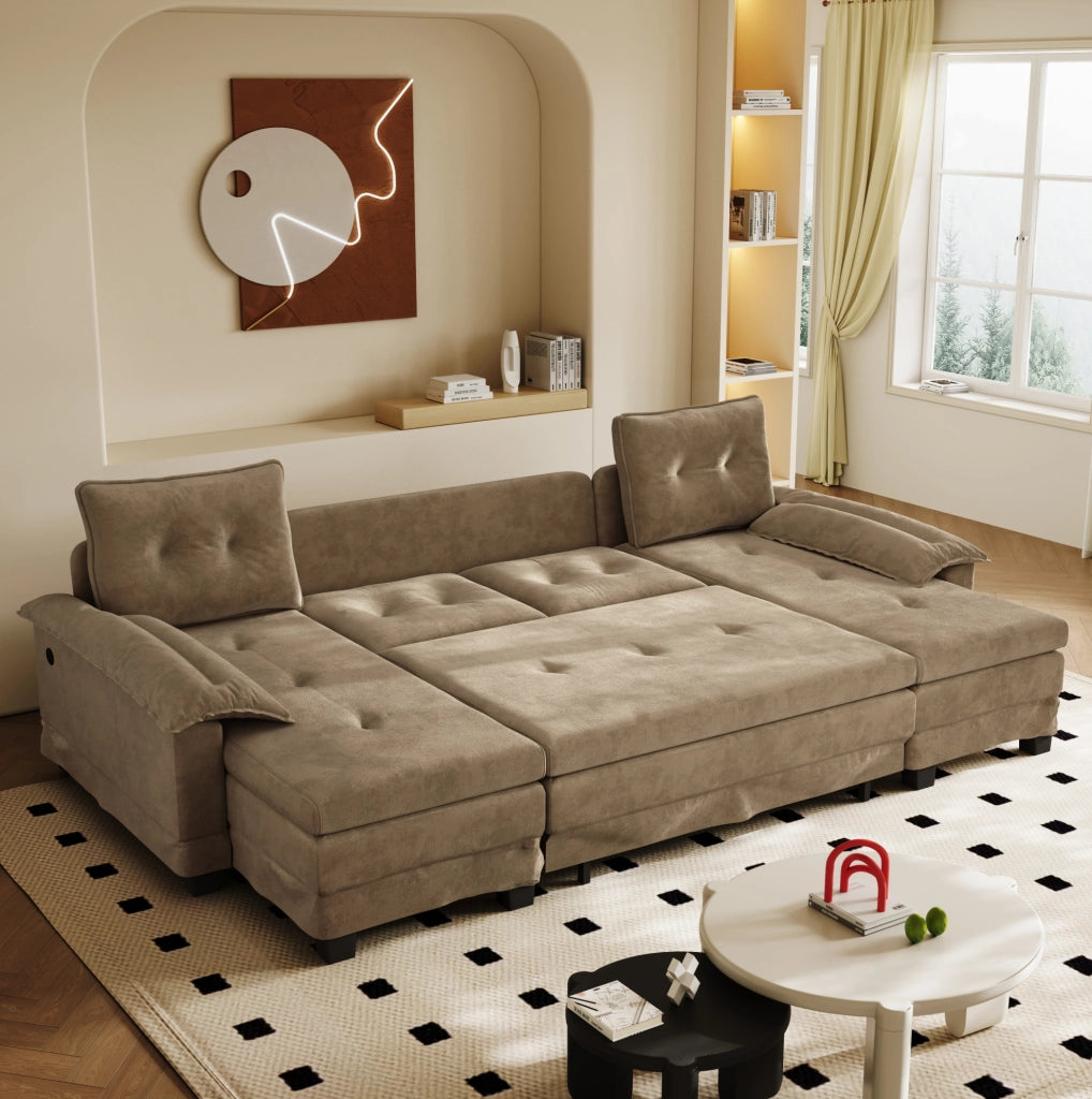 Divano letto modulare a U ULEVR 278x127 cm con letto estraibile, USB e cuscini bracciolo removibili, khaki