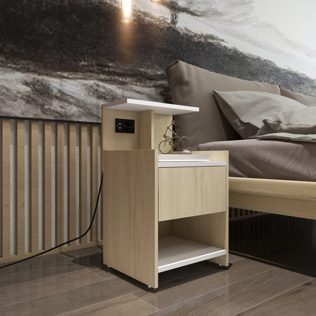 Comodino moderno con 2 prese USB e cassetto ¨C zephmum ¨C 40x40x60cm, colore legno