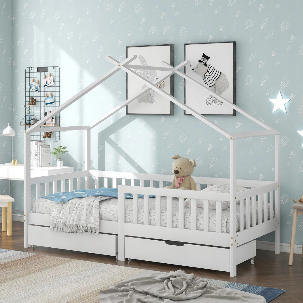 Letto singolo per bambini - Xylo - 200x90 - Bianco - Con 2 cassetti