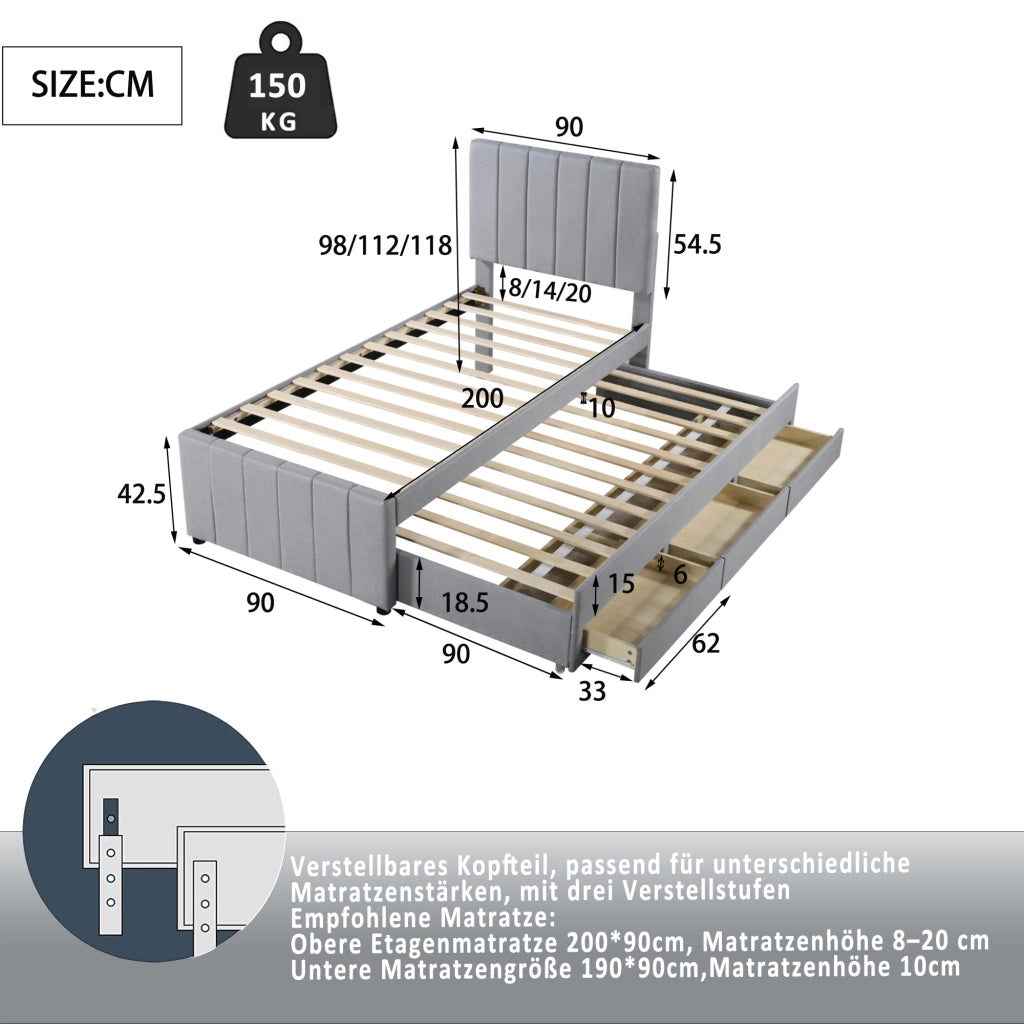 letto imbottito lino grigio 90 x 200 cm