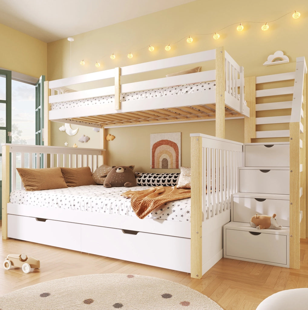 Letto a castello 90 x 200 e 140 x 200 cm in pino bianco naturale con cassetti