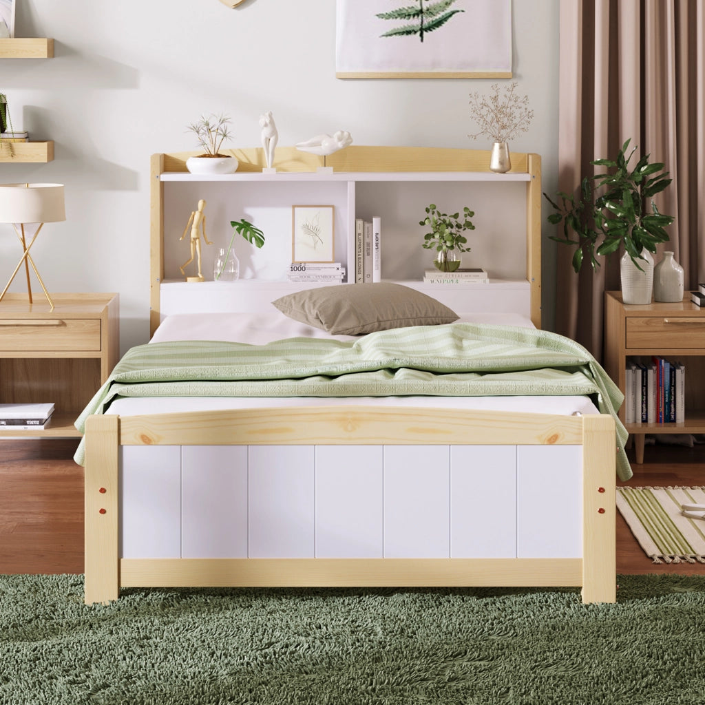 Letto singolo 90 × 200 cm con testiera contenitore e rete a doghe in legno bianco