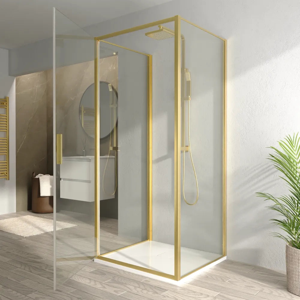 Box doccia 3 lati 80x90x80cm con porta a battente profili oro spazzolato vetro 6mm trasparente anticalcare h190| Portofino