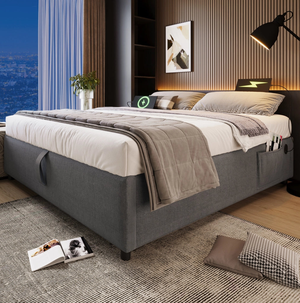 Letto contenitore 140 x 200 cm grigio con USB e porta Type-C