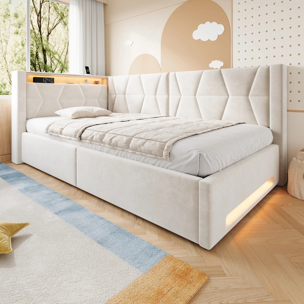 Letto singolo con contenitore 90 × 200 cm idraulico con LED USB e Type-C in velluto beige rete a doghe inclusa