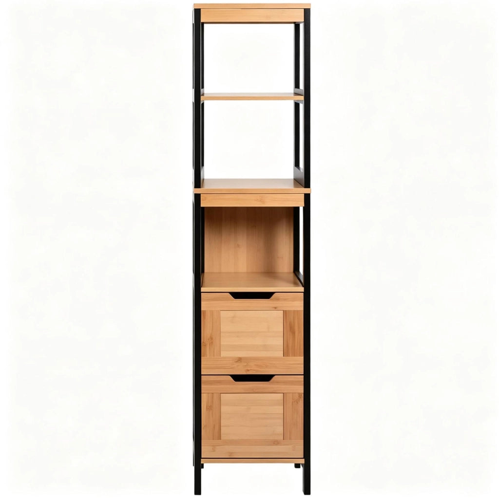 Mobiletto bagno alto in bambù e MDF con 3 ripiani e 2 cassetti, salvaspazio colore naturale e nero, 30x30x144,3 cm