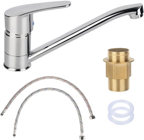 Kraan 360° rotativa per lavandino con maniglia di un solo pezzo in cromatura, miscelatore per cucina con 2 tubi da 50cm.