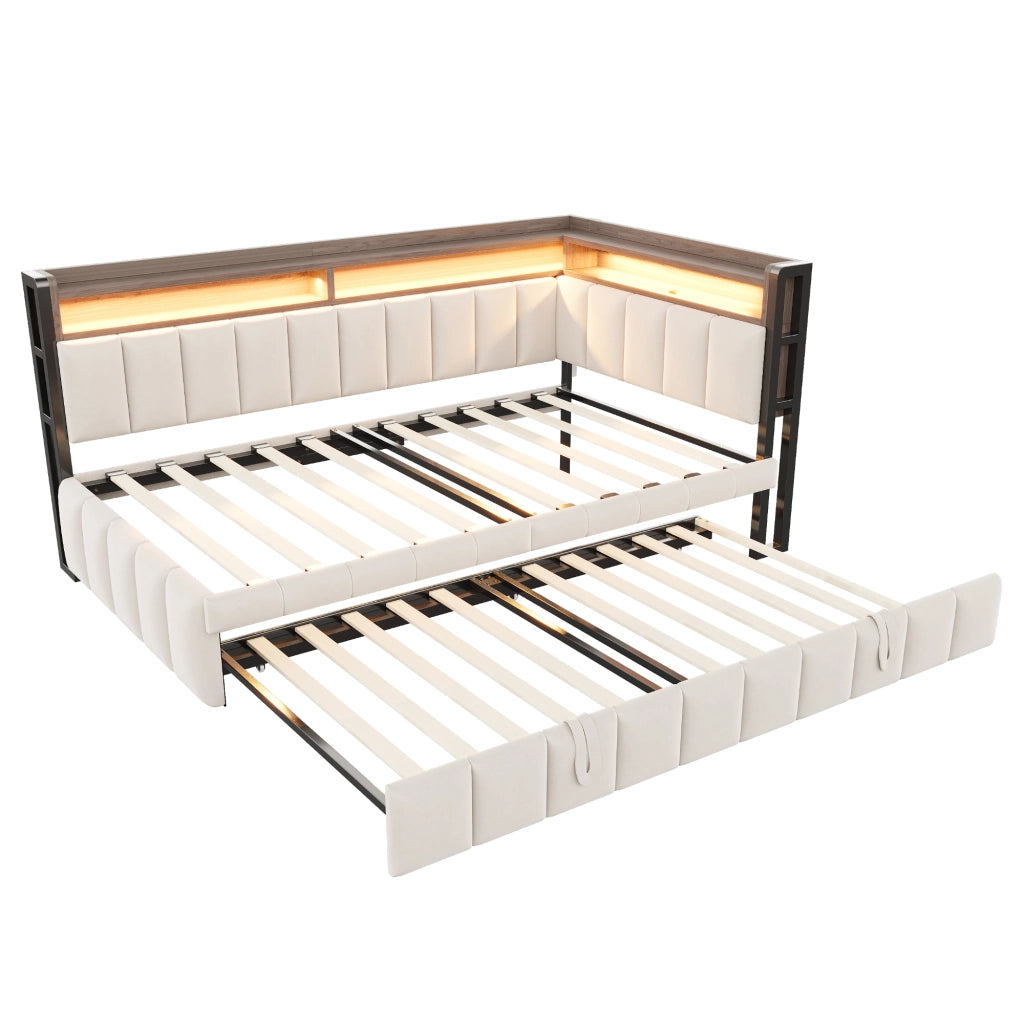 Letto estraibile 2 posti 90 x 200 e 90 x 190 cm con LED e USB/USB-C, divano letto in velluto beige con vani integrati