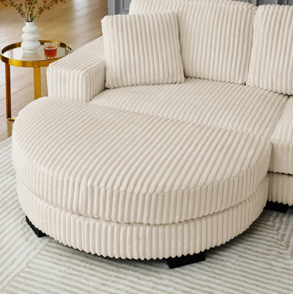 Divano angolare a L 4 posti in velluto a costine beige con pouf ovale modulare e 2 cuscini