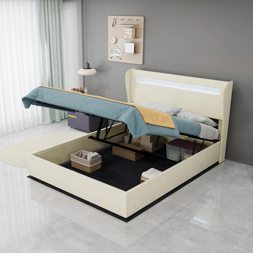 Letto contenitore matrimoniale 140 × 200 cm 2 posti con LED regolabile e base sollevabile, senza materasso, beige