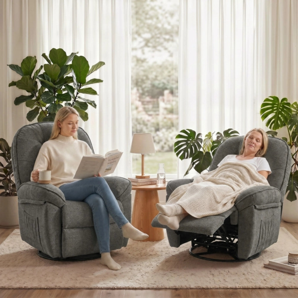 Poltrona relax girevole reclinabile con funzione dondolo in poliestere grigio chiaro