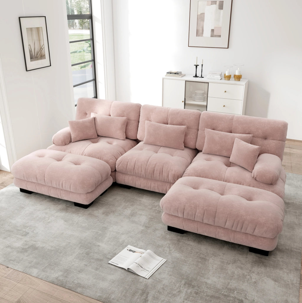 Divano modulare angolare U in ciniglia rosa con ottomani