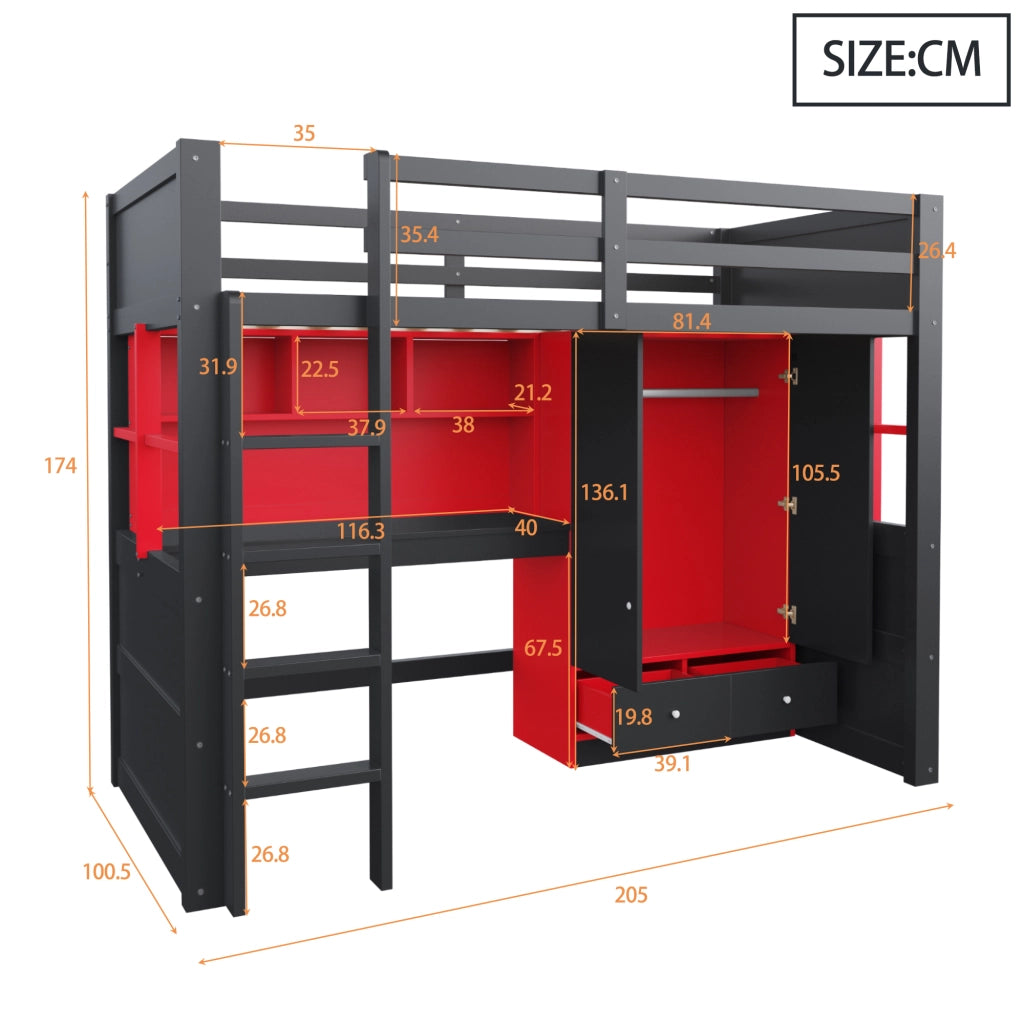 Letto a soppalco 90x200 cm gaming nero e rosso con scrivania; armadio e cassetti