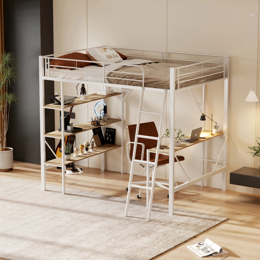 Letto a soppalco ULEVR 90x200 cm con scrivania, 3 ripiani e parapetto, metallo e MDF bianco