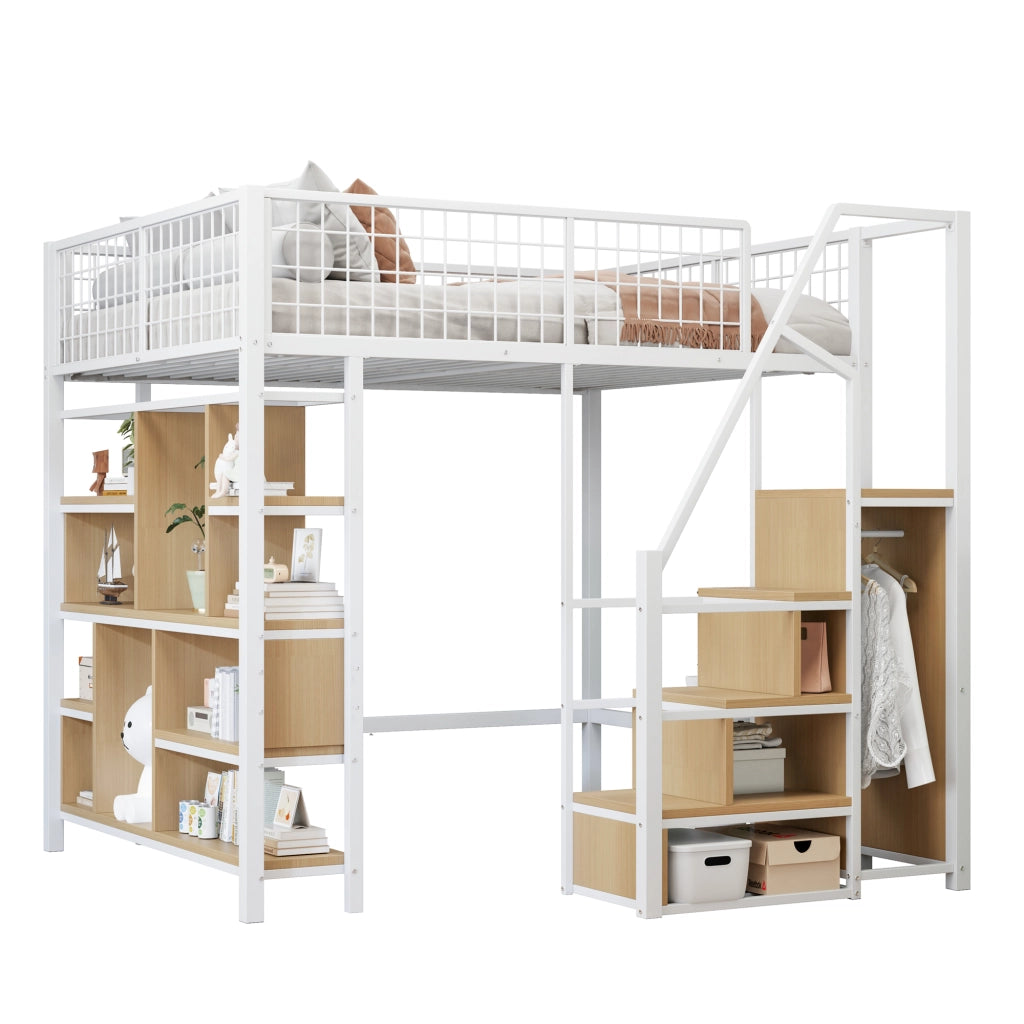 Letto a soppalco 140 × 200 cm con scala contenitore e vano aperto in metallo e legno bianco