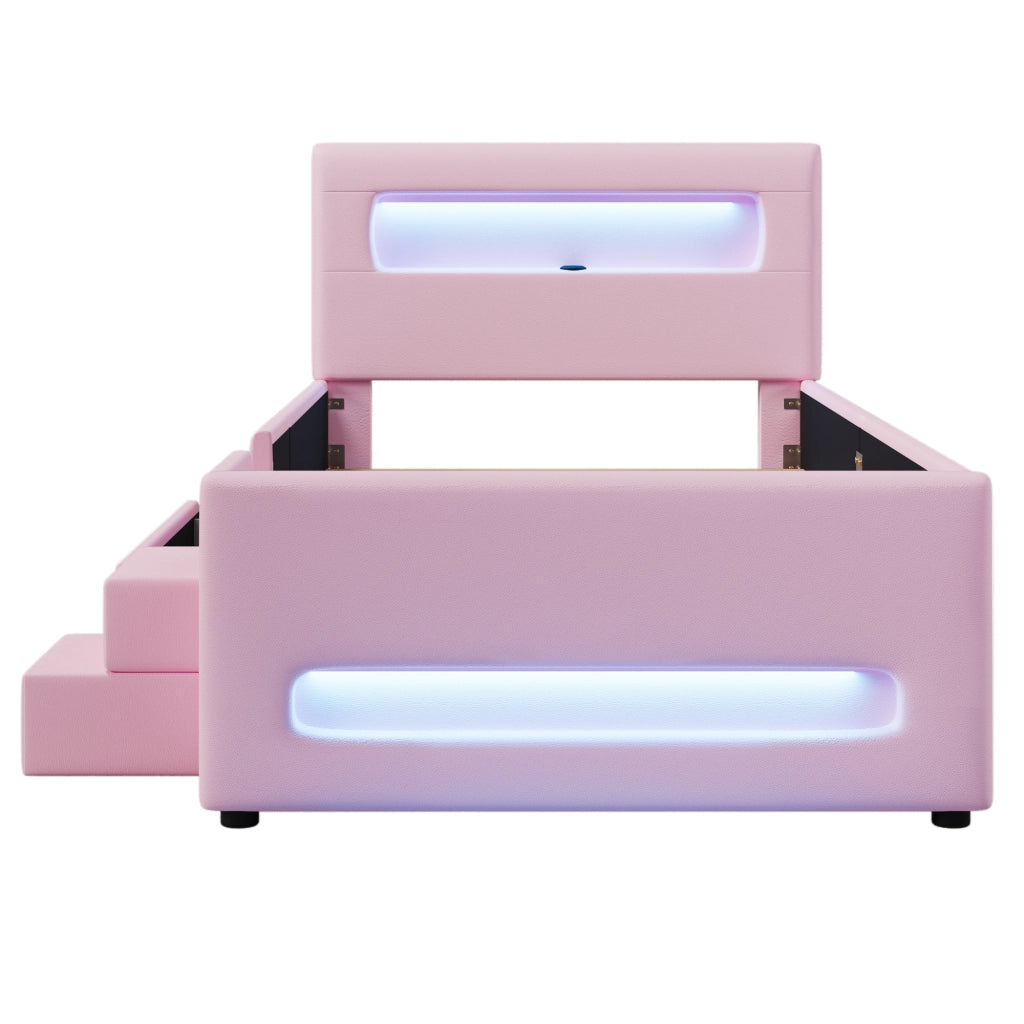 Letto singolo imbottito 90 × 200 cm con scala, cassetto su ruote e LED regolabile, senza materasso, rosa in PU
