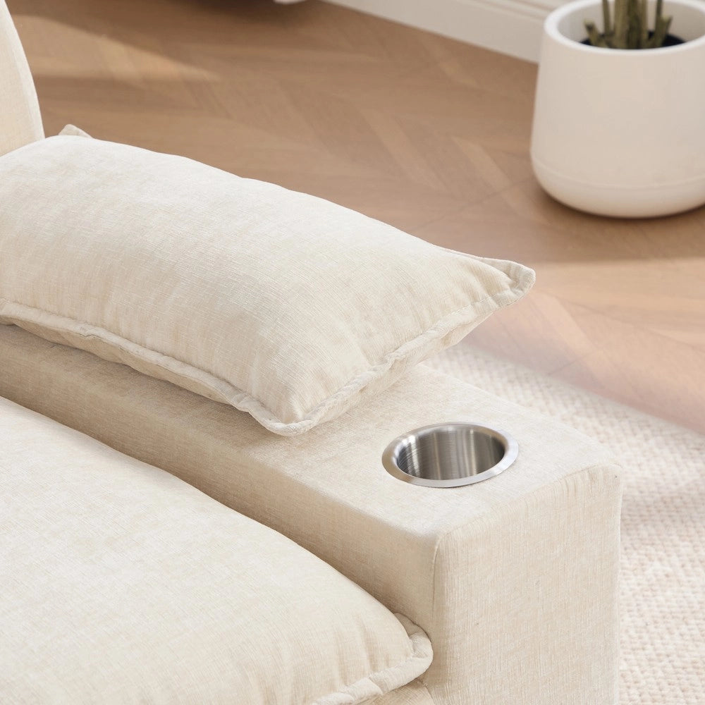 Poltrona Relax Chaise Longue ¨C Minimal ¨C Beige in Chenille con 4 Cuscini, Portabibite e Tasche Portaoggetti per Soggiorno