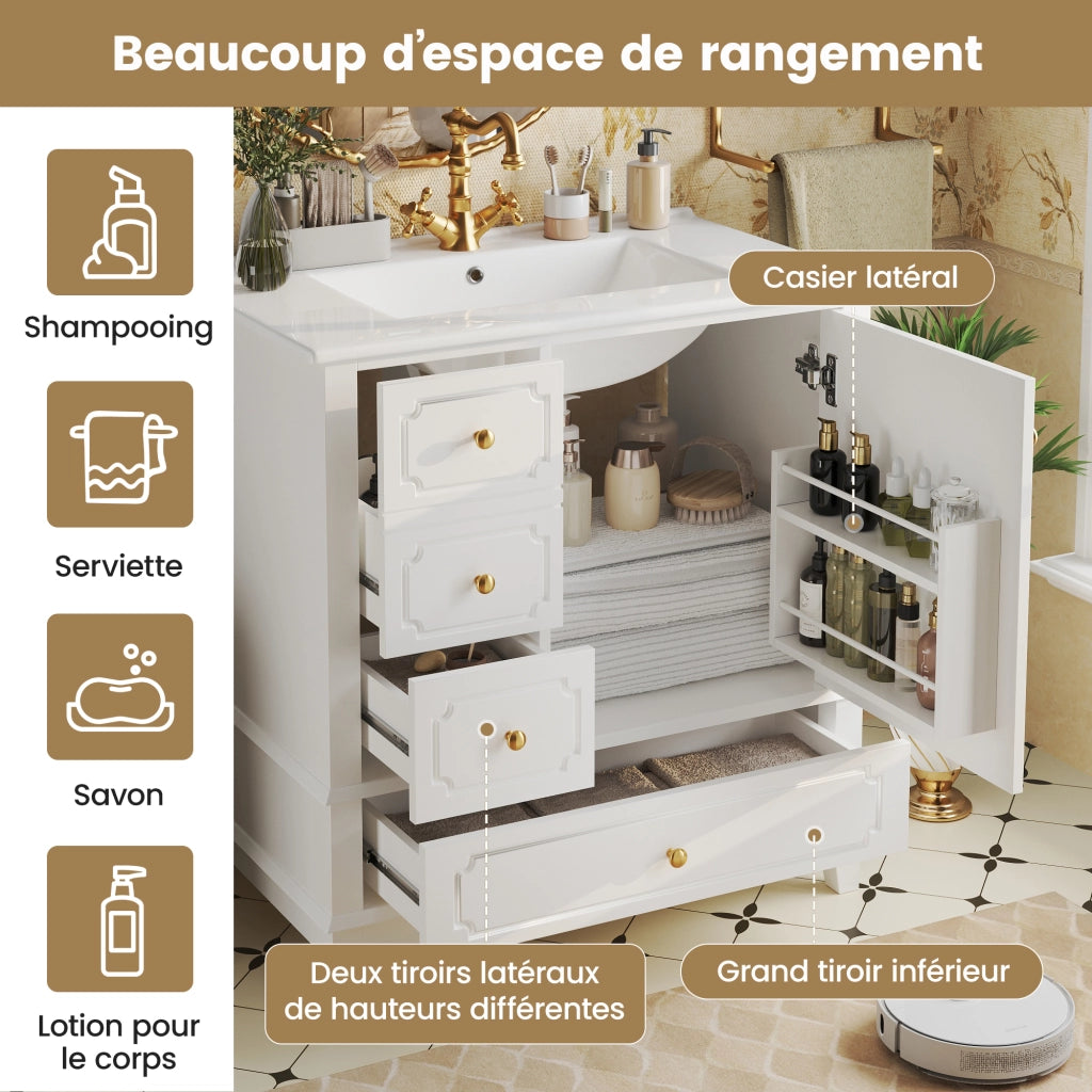 Mobiletto con lavabo in ceramica antibatterica 3 cassetti anta con ripiano MDF bianco 76.5 × 47 × 87.5 cm