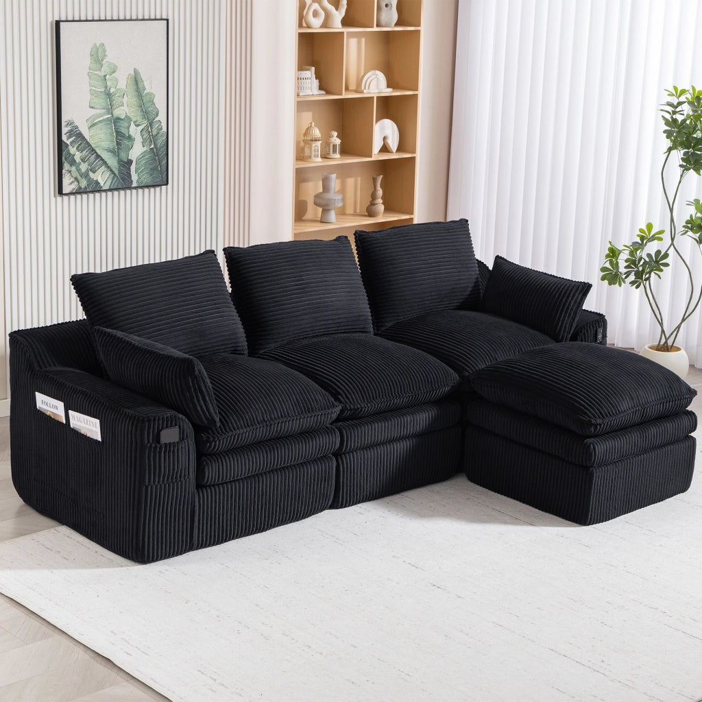 Divano modulare 3 posti in corduroy con pouf; tasche laterali; 263x167x85 cm; nero