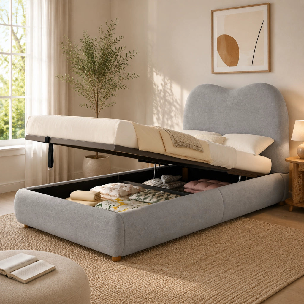 DESMIU Letto Bambino 90 × 200 cm con contenitore idraulico, testiera imbottita e senza materasso, in lino, grigio