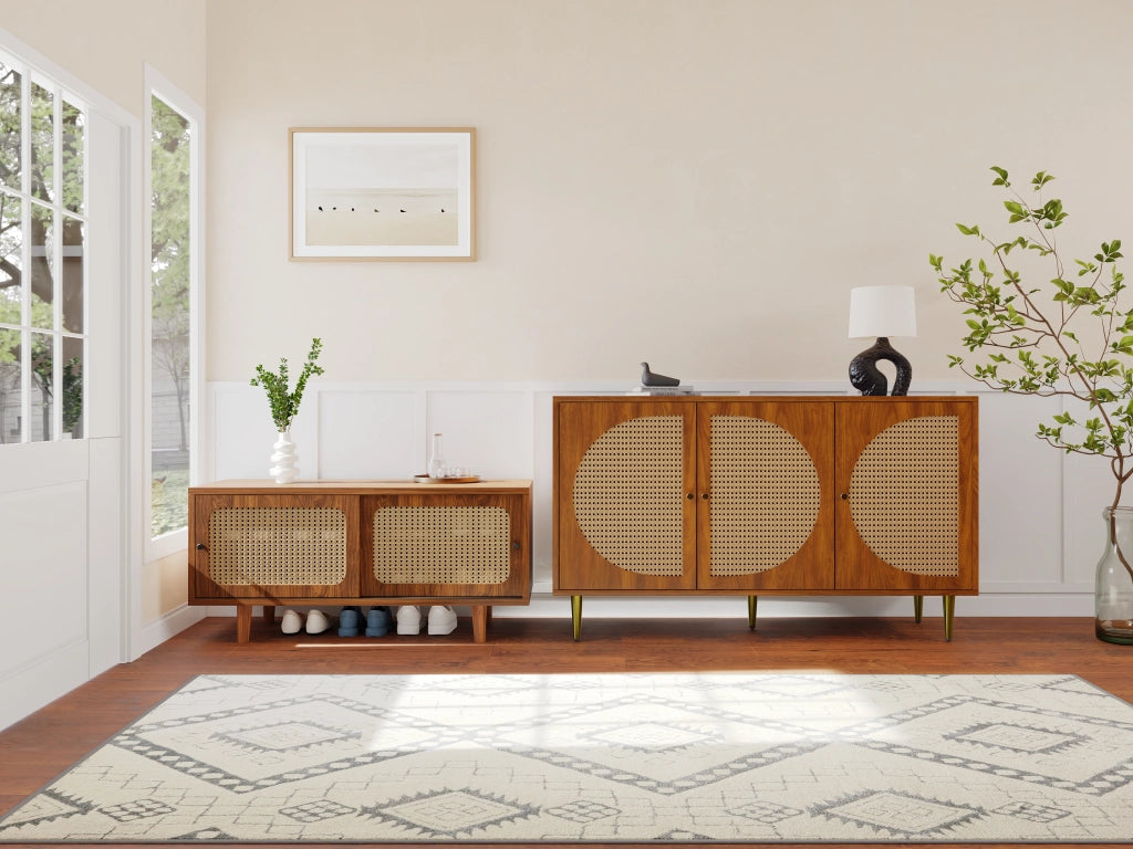 Set Mobiletto in Rattan per Soggiorno: Combinazione di Cassettiera e Scarpiera, Colore Noce