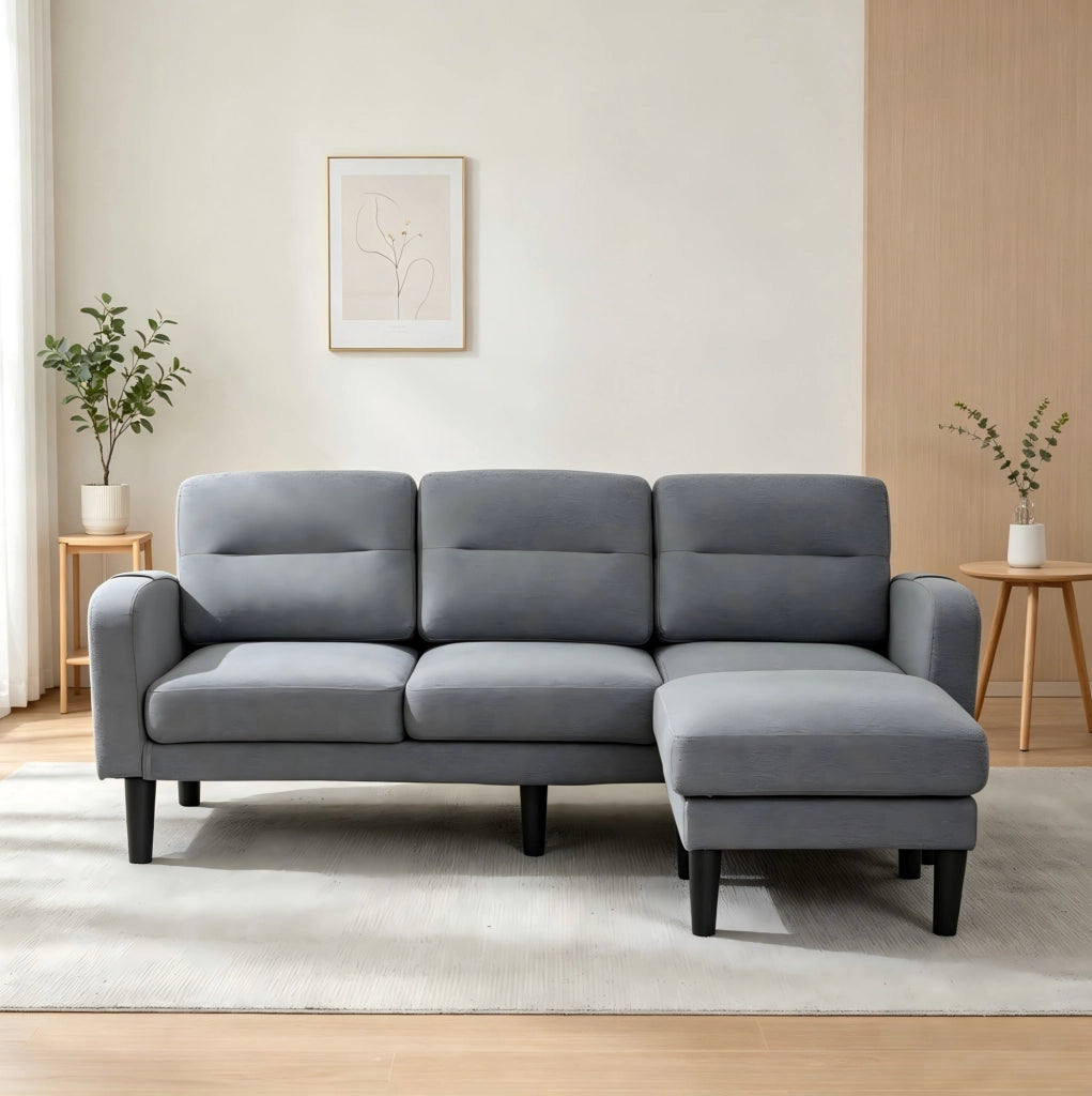 Divano angolare a L 3 posti con chaiselongue grigio 204x136x80 cm con tasche laterali e 10 piedi
