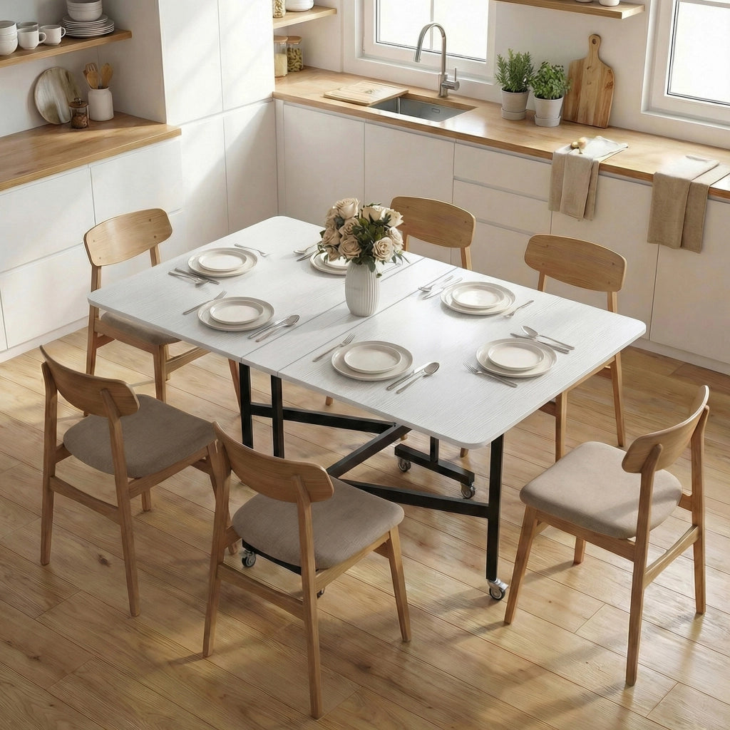 Tavolo Pieghevole per 4-6 Persone 120x80x73 cm con 2 Ribalte e Ruote con Freno Struttura in Acciaio Bianco Legno