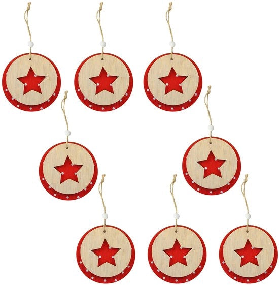 Set di decorazioni natalizie in legno da 8 pezzi - 2 strati 3D - Ø 9 cm - corda di juta - ideale per la decorazione natalizia