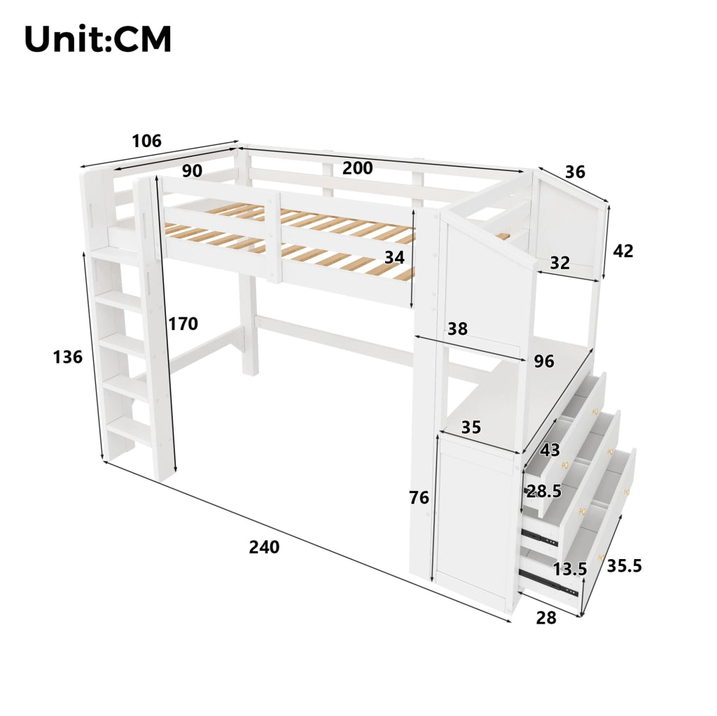 Letto a soppalco 90x200 cm con 3 cassetti; ripiani e LED; bianco