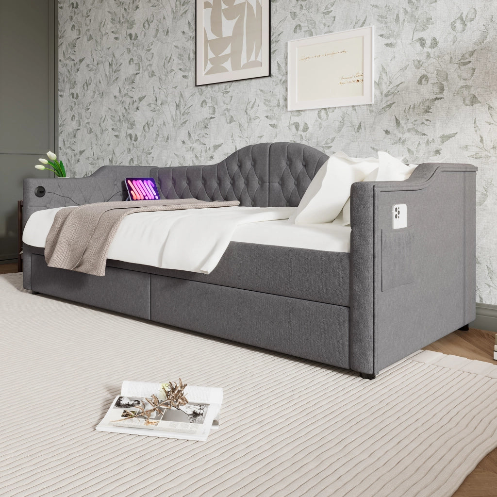 Letto da giorno 90x190 cm grigio con due cassetti