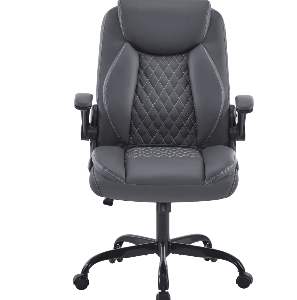 Sedia da ufficio ergonomica con supporto lombare e braccioli ribaltabili in similpelle grigia