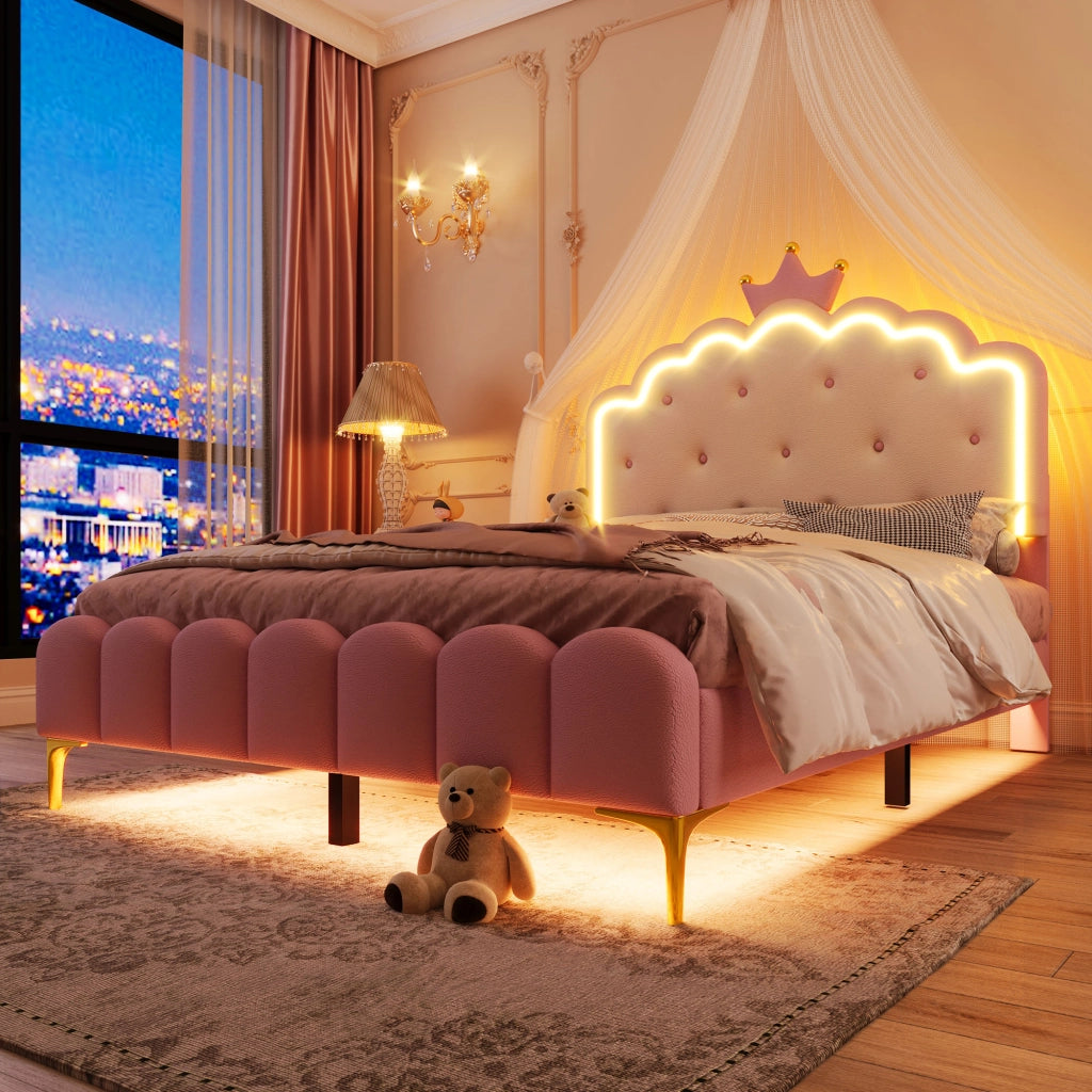 OKWISH Letto Bambini 140×200 cm, Letto Singolo con LED Regolabile, Telecomando e App, senza Materasso, in PU, Rosa
