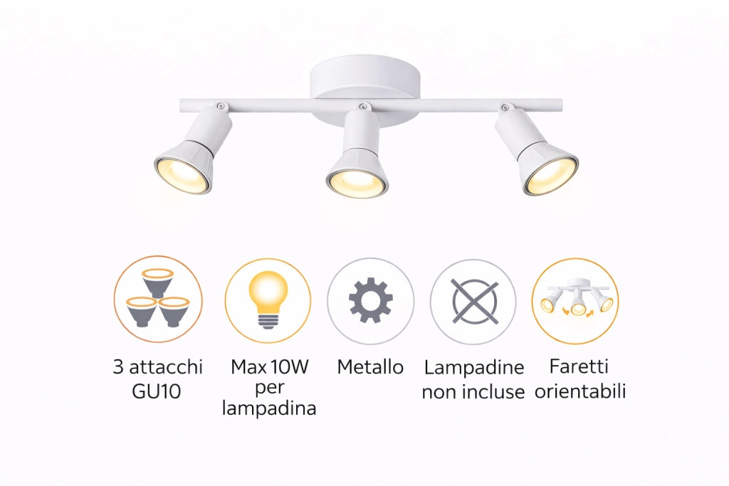 Faretto Soffitto 3 Luci GU10 Orientabili in Metallo, Plafoniera Spot Direzionabili, Lampada da Soffitto Moderna per Corridoio Cucina Soggiorno, Bianco, Lampadine Non Incluse