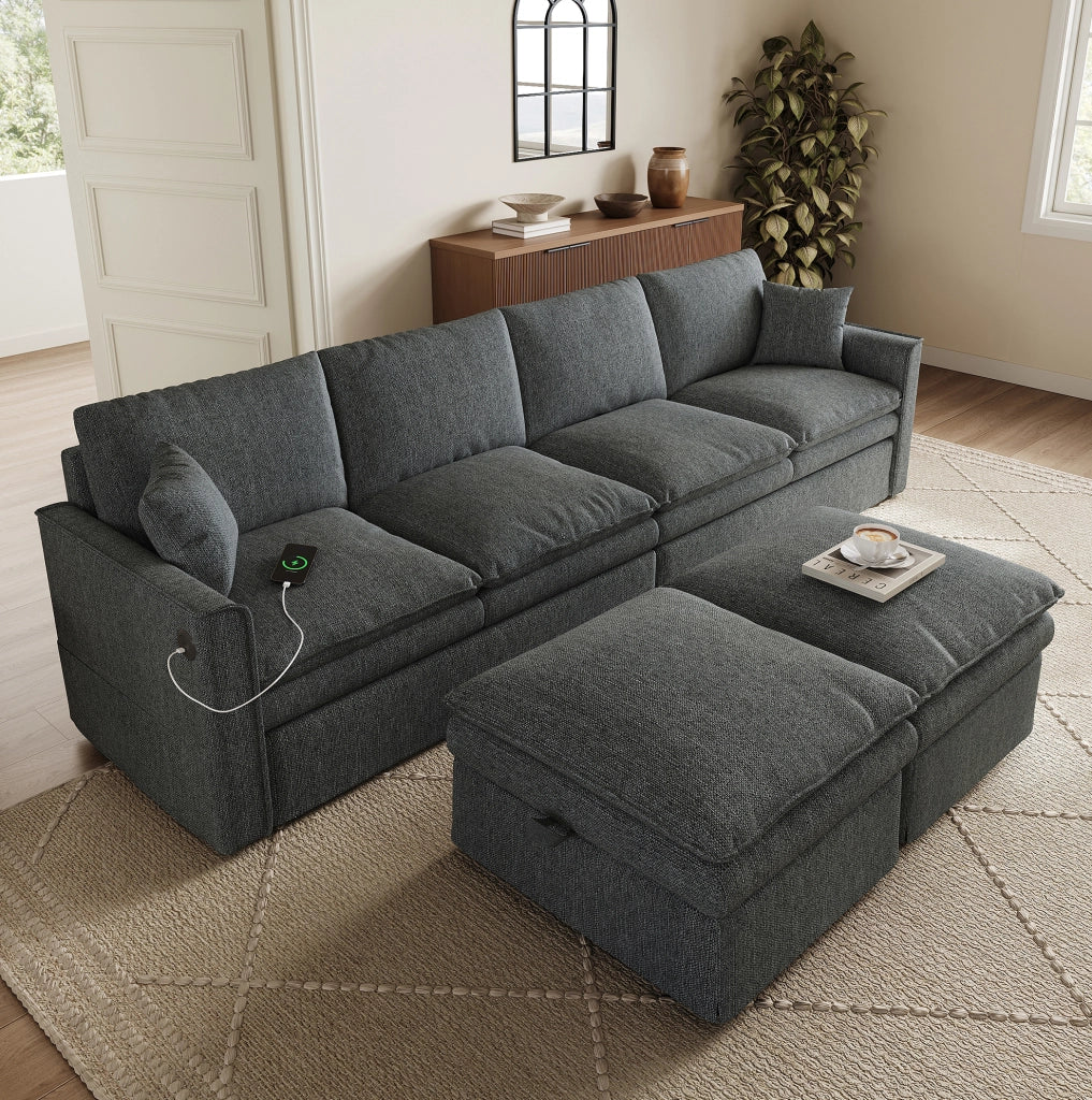 Divano angolare modulare a U/L da 6 posti con due pouf mobili contenitore, tessuto cotone-lino grigio, 277×80×135 cm