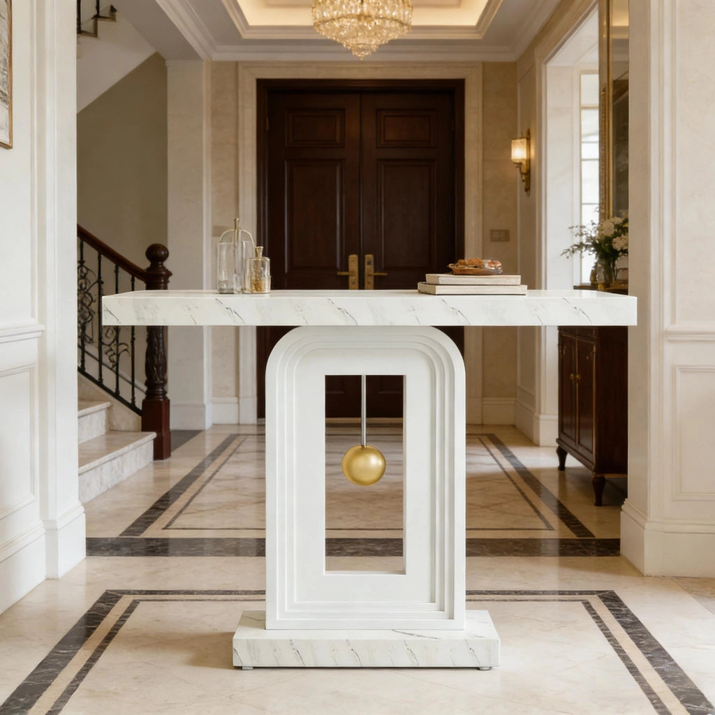 Consolle stretta con piano effetto marmo bianco e base geometrica quadrata in MDF per ingresso e soggiorno