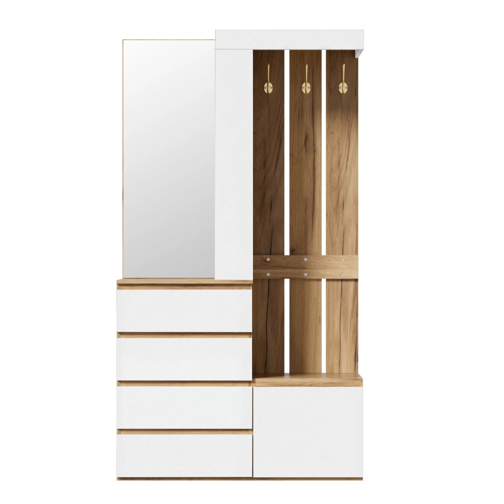 Mobile ingresso con specchio, 4 cassetti, anta e ganci per corridoio, truciolare bianco naturale, 100 × 35 × 180 cm