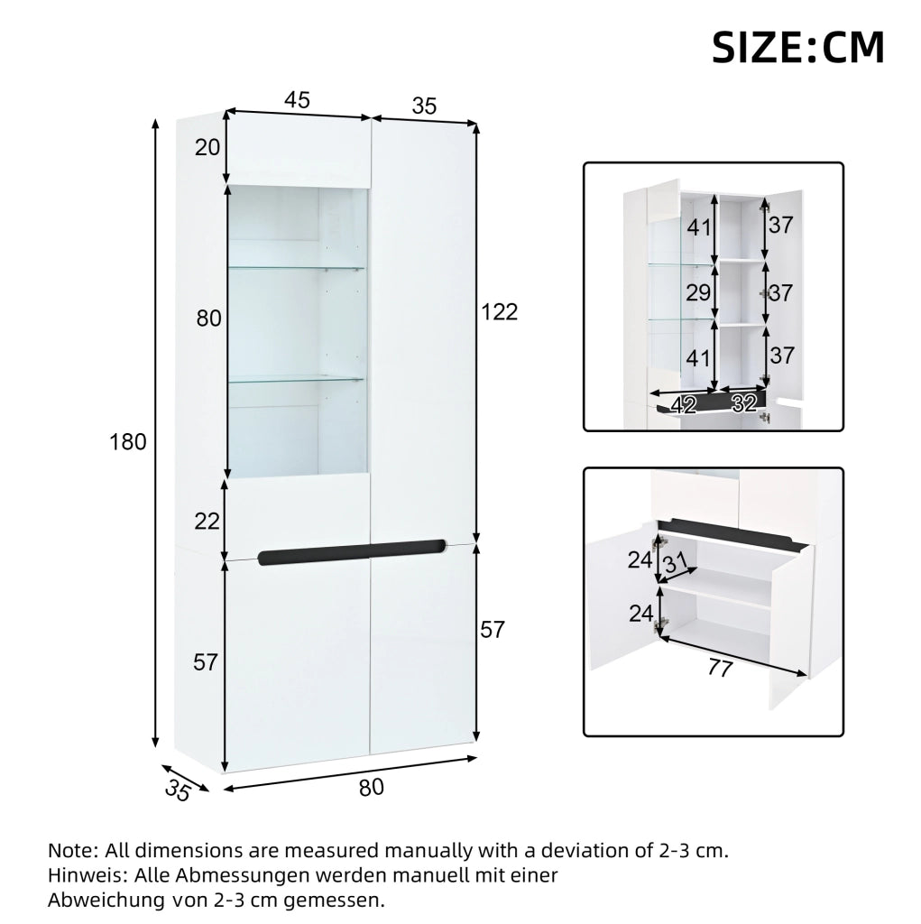 Vetrina 80x35x180 cm in MDF e vetro temperato bianco con LED Bluetooth