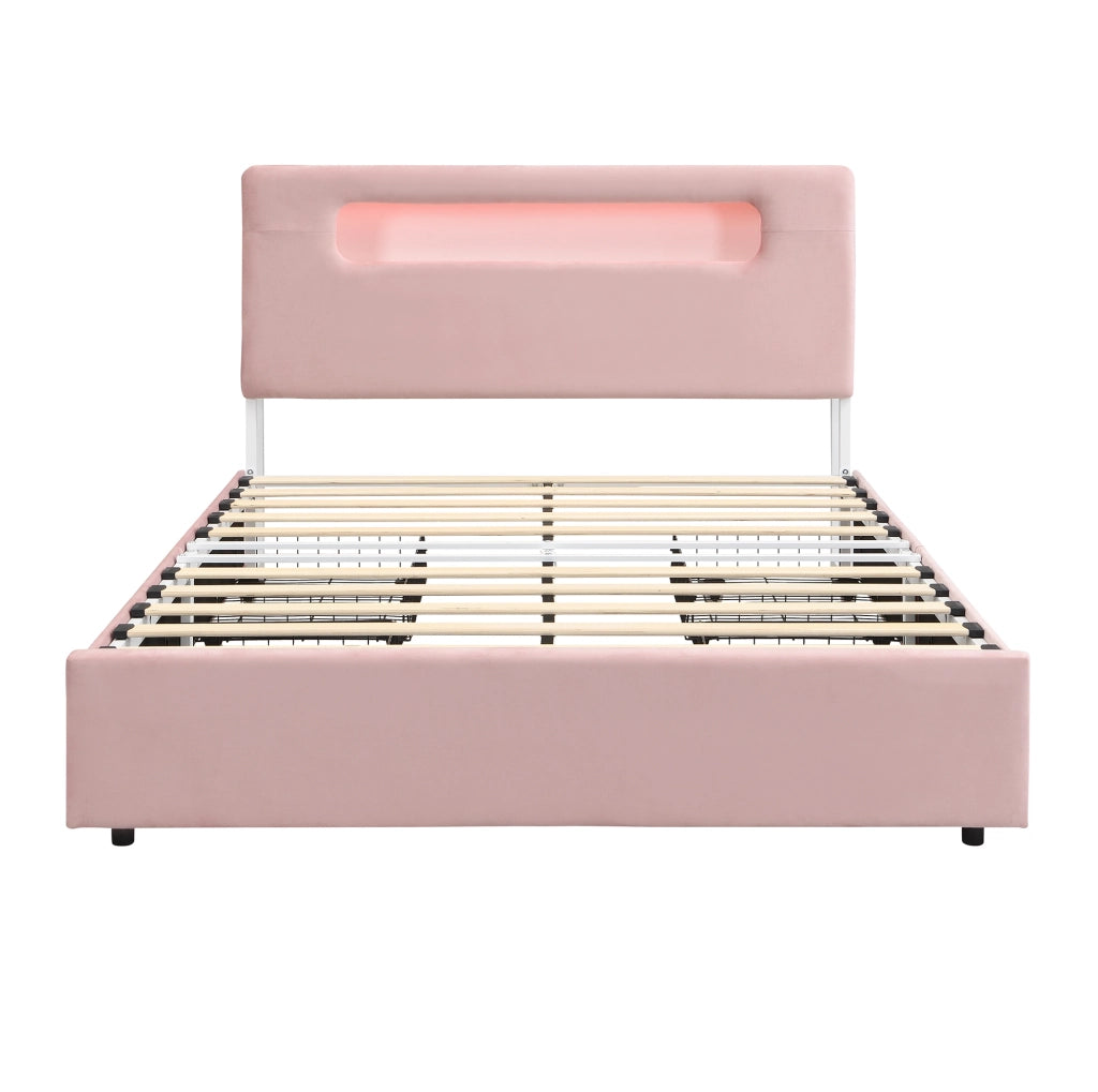 Letto imbottito ULEVR 140x200 cm rosa con 4 cassetti laterali, testiera con vano aperto e LED controllato tramite app