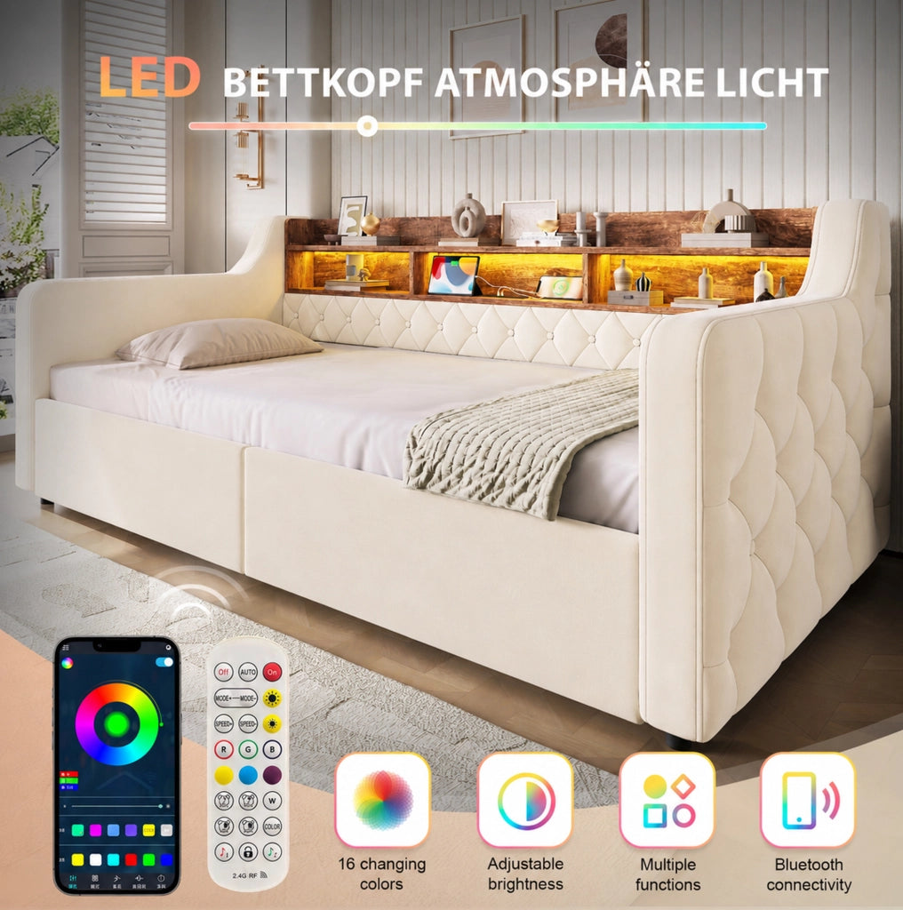 Letto imbottito beige 90 x 190 cm con LED, ripiani e 2 cassetti
