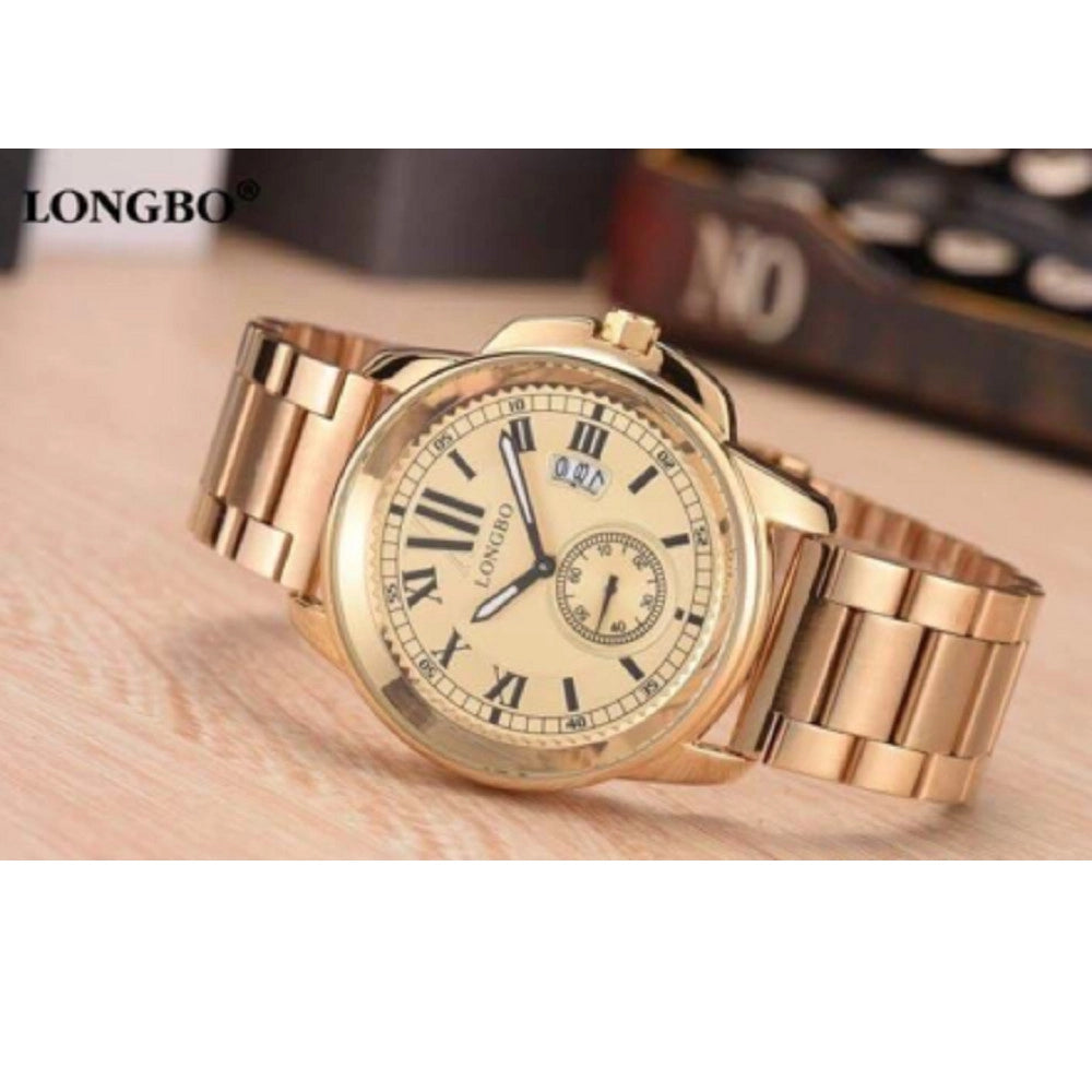 Trade Shop - Orologio Polso Acciaio Longbo Uomo Dorato Analogico Classico Elegante Waterproof -