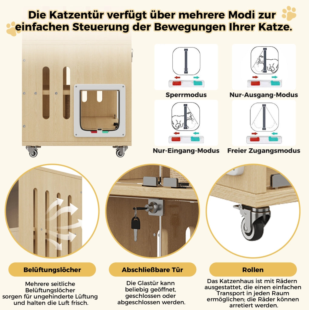 GABBIA PER GATTI Multilivello in MDF e Vetro Colore Naturale con Ruote