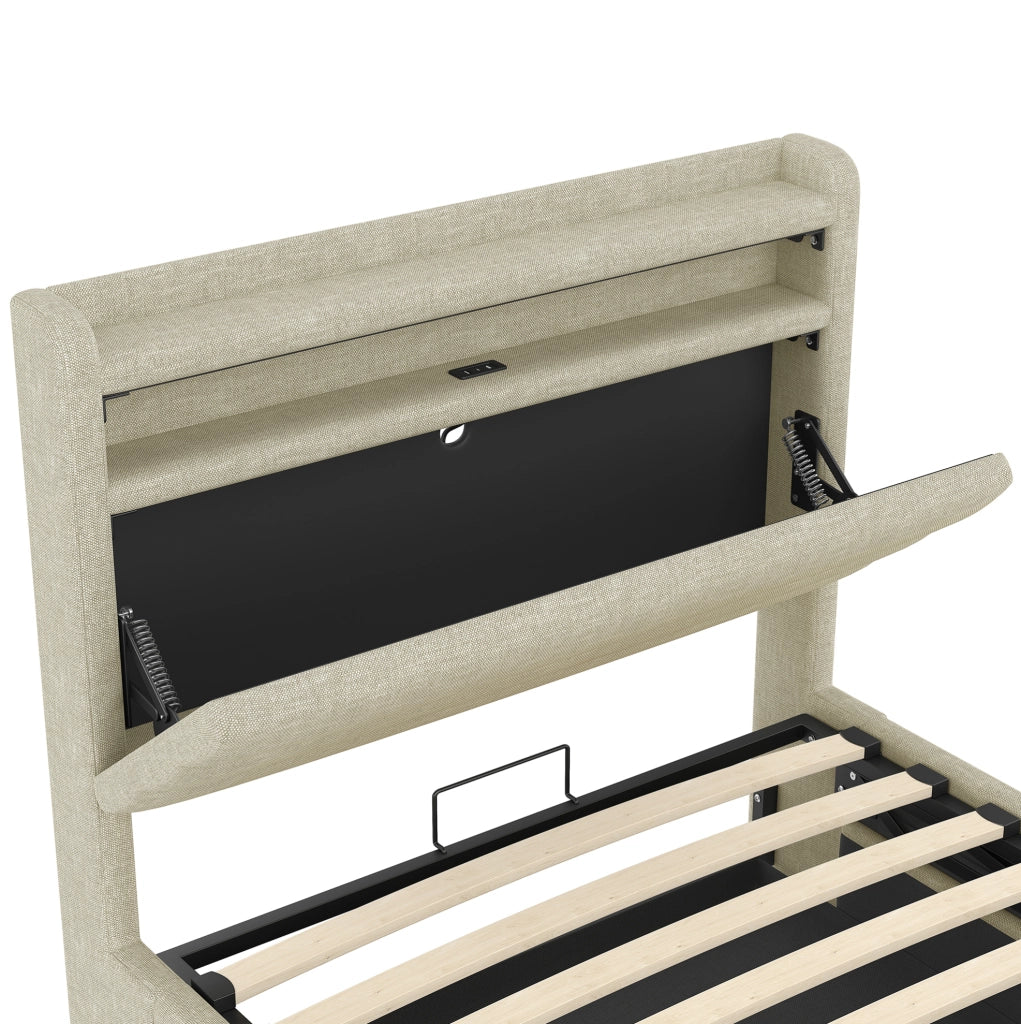 Letto imbottito 90 x 200 cm in lino beige con illuminazione LED, meccanismo idraulico e porte USB/Tipo-C