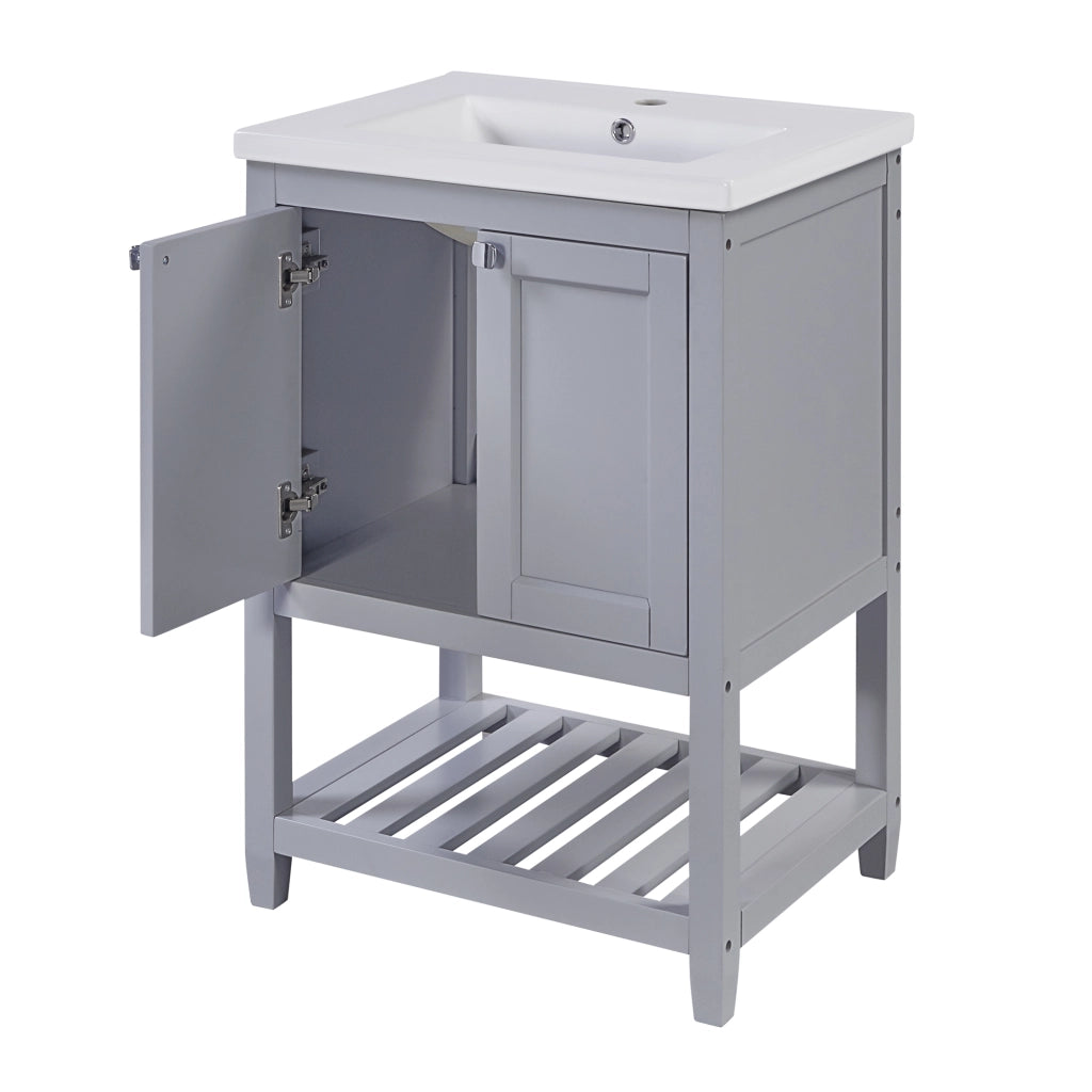 Mobile sottolavabo da bagno con lavabo in ceramica e vano aperto, a pavimento, in legno massello e MDF, grigio e bianco